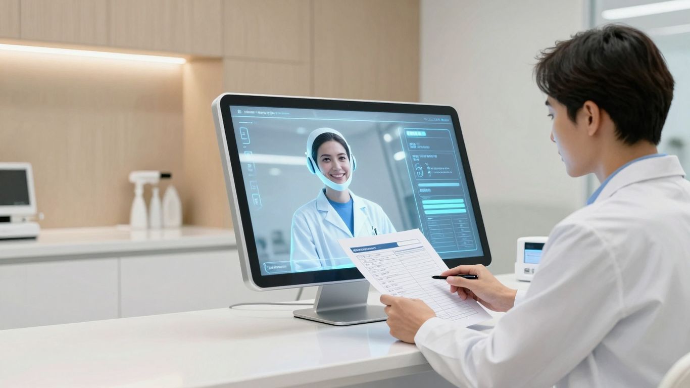 AI dental receptionist interface in a modern clinic.