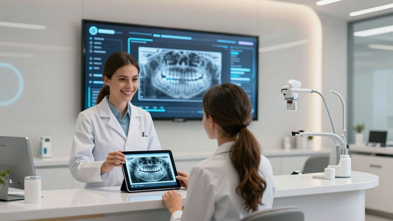 AI dental receptionist interface in a modern clinic.