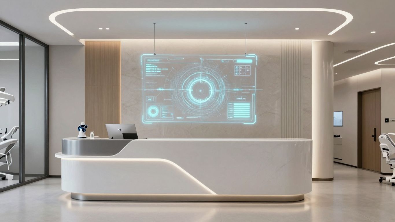 AI dental receptionist interface in a modern clinic.