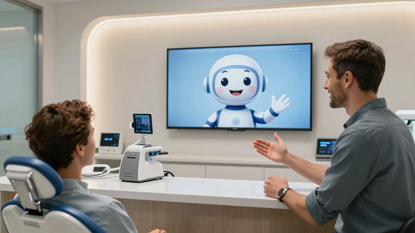 AI receptionist assisting a patient in a dental office.