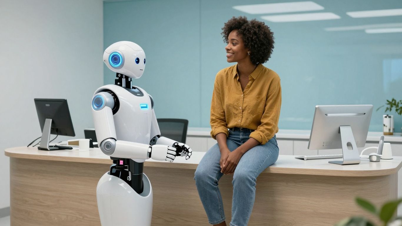 AI receptionist helping a patient in a dental office.