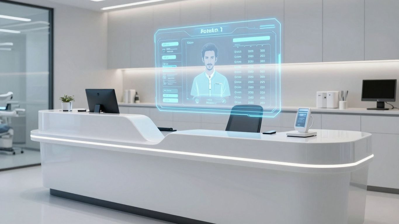 AI receptionist interface in a modern dental office.