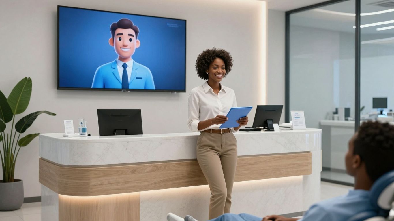 AI receptionist assisting a patient in a dental office.