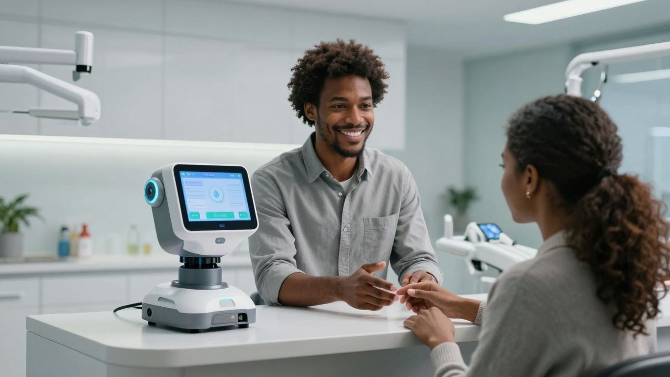 AI receptionist assisting a patient in a dental office.