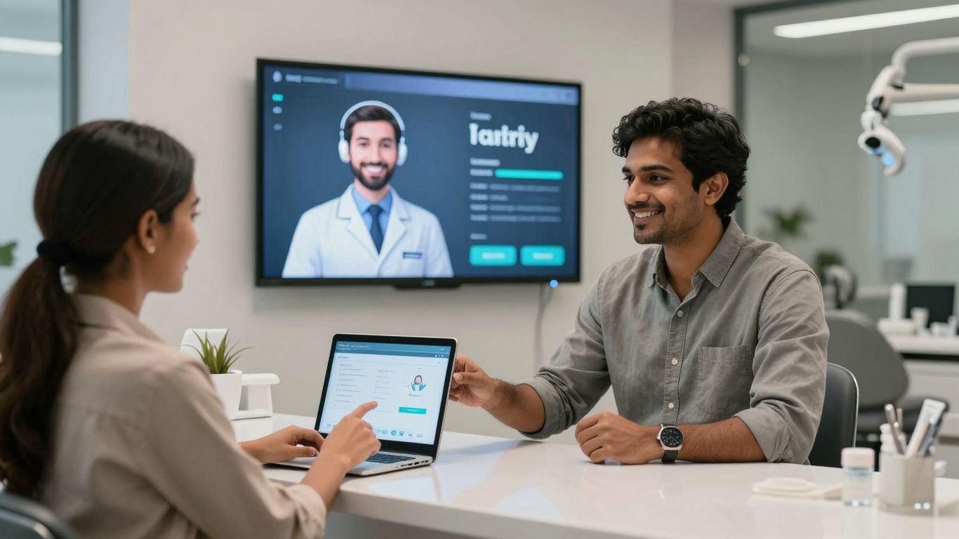 AI receptionist assisting a patient in a dental office.