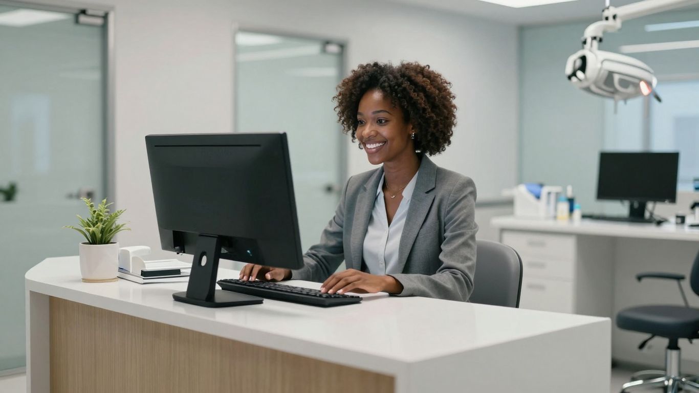 AI receptionist interface in a modern dental office.