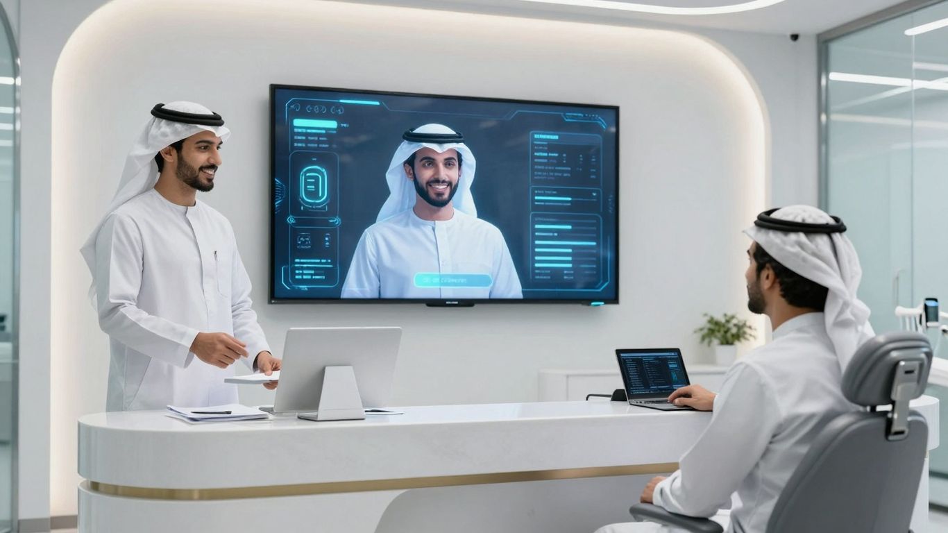AI receptionist assisting a patient in a dental office.
