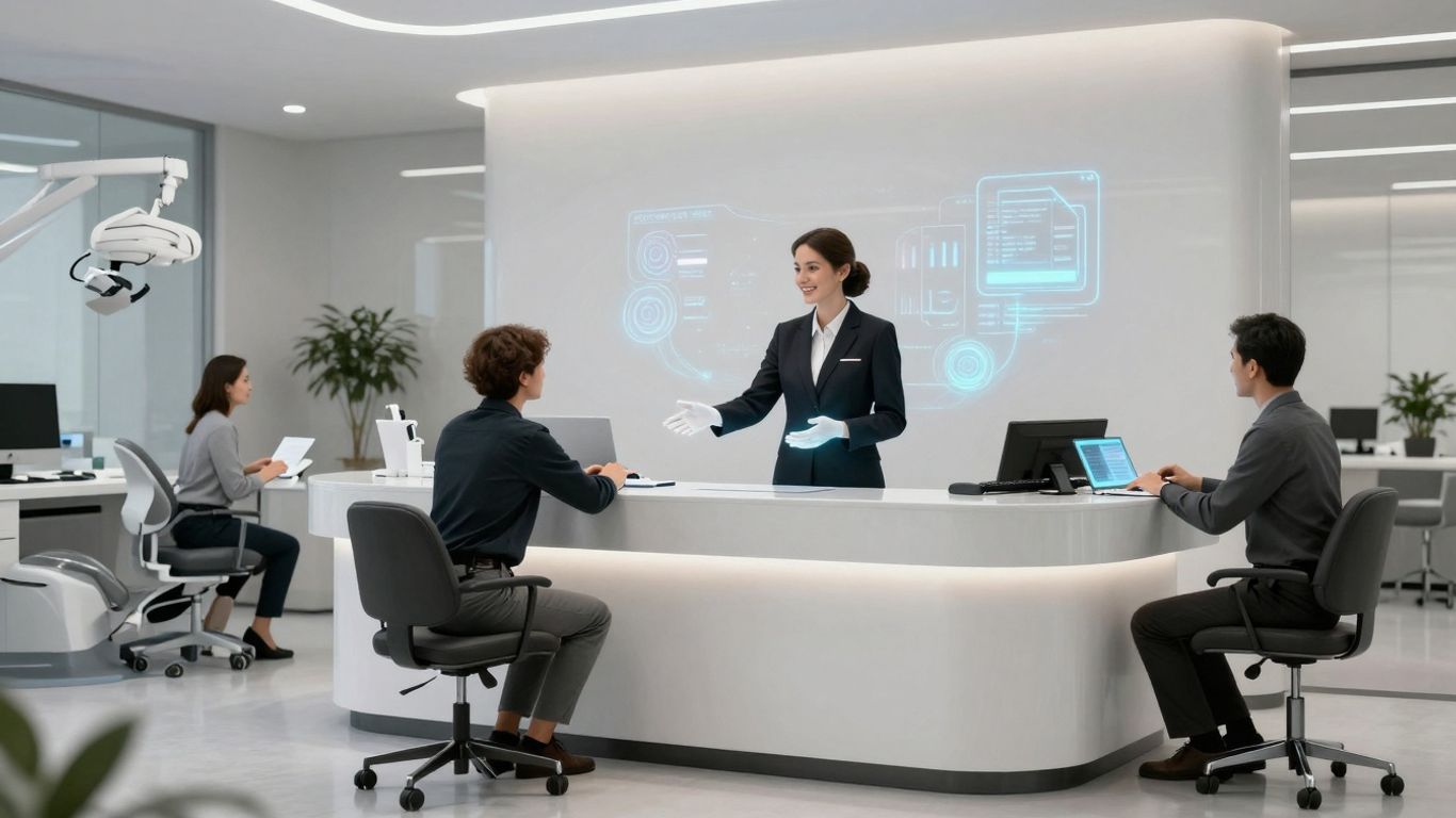 AI receptionist assisting a patient in a dental office.