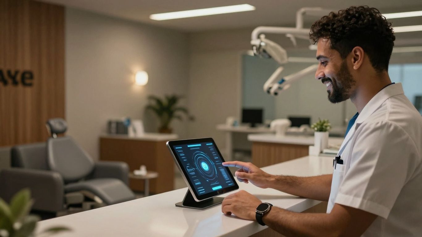 AI receptionist tablet in a modern dental office.