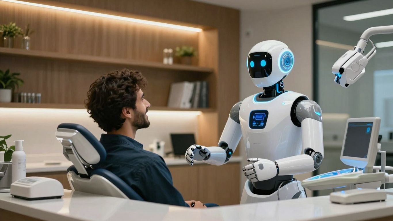AI receptionist helping a patient in a dental office.