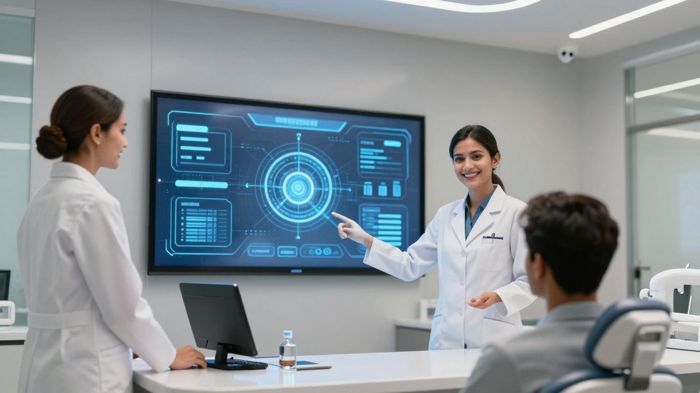AI receptionist assisting patient in a dental office.