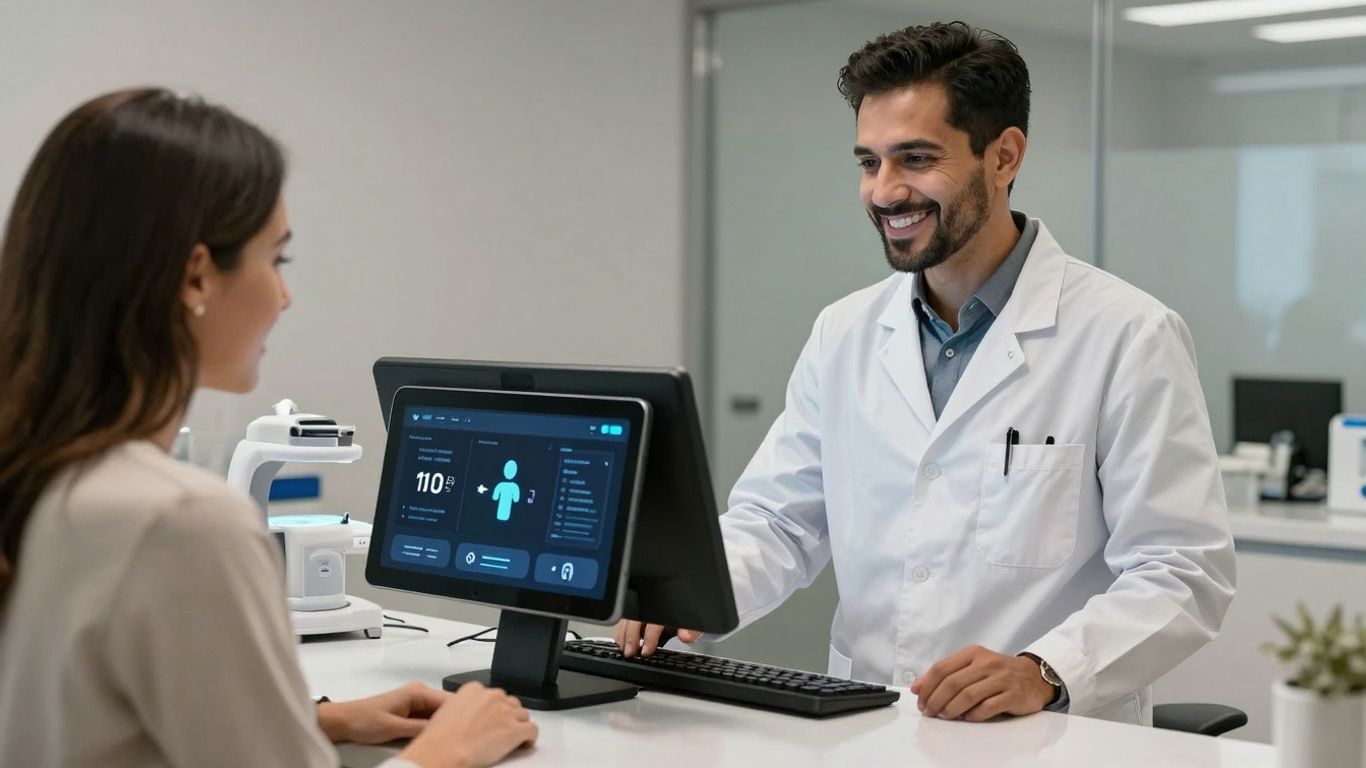 Dentist and AI interface in a modern dental office.
