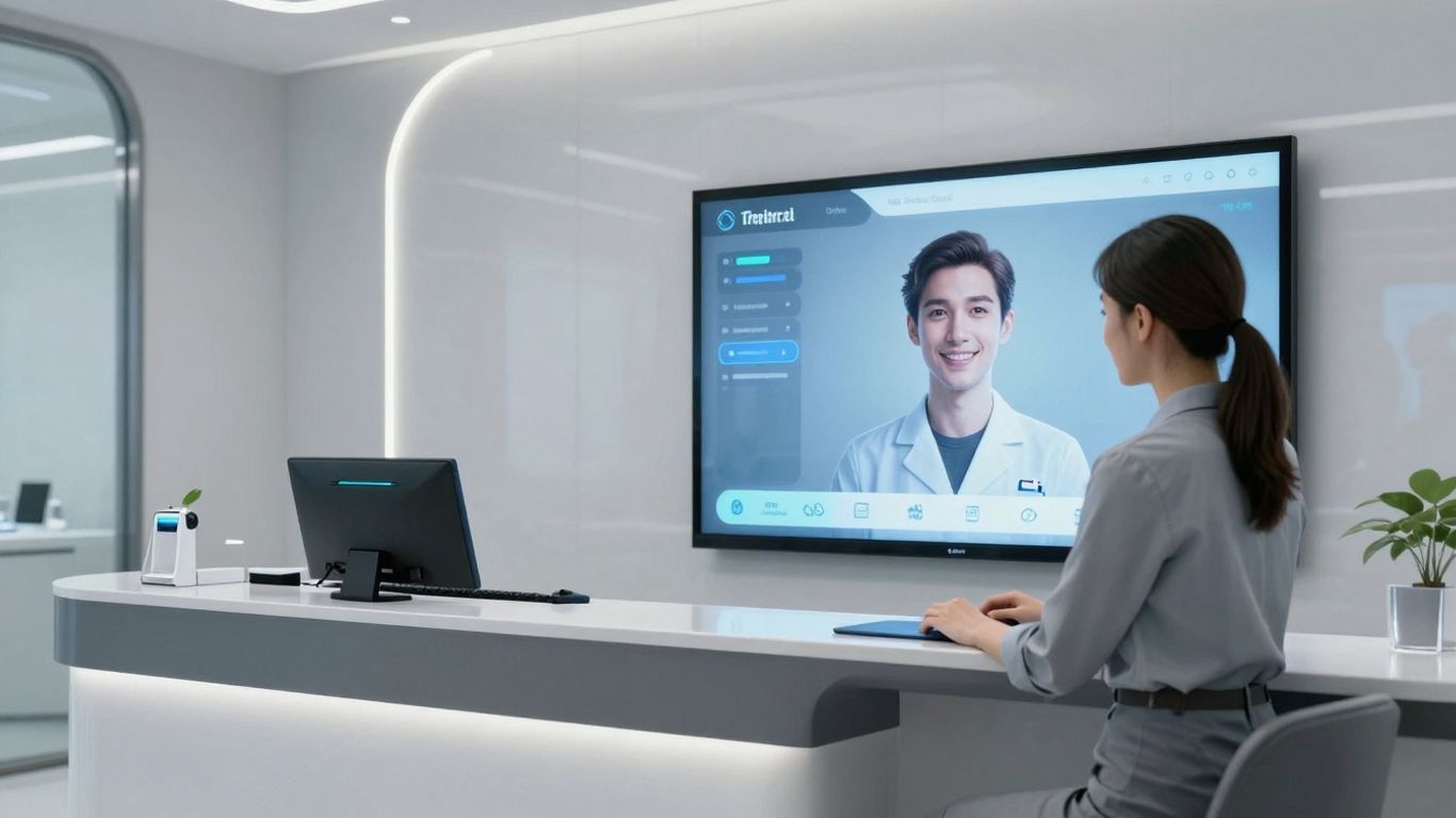AI interface replacing dental receptionist in office.