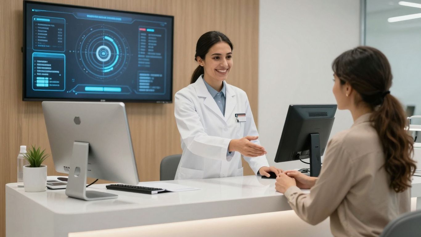 Dental office reception with AI technology integration.