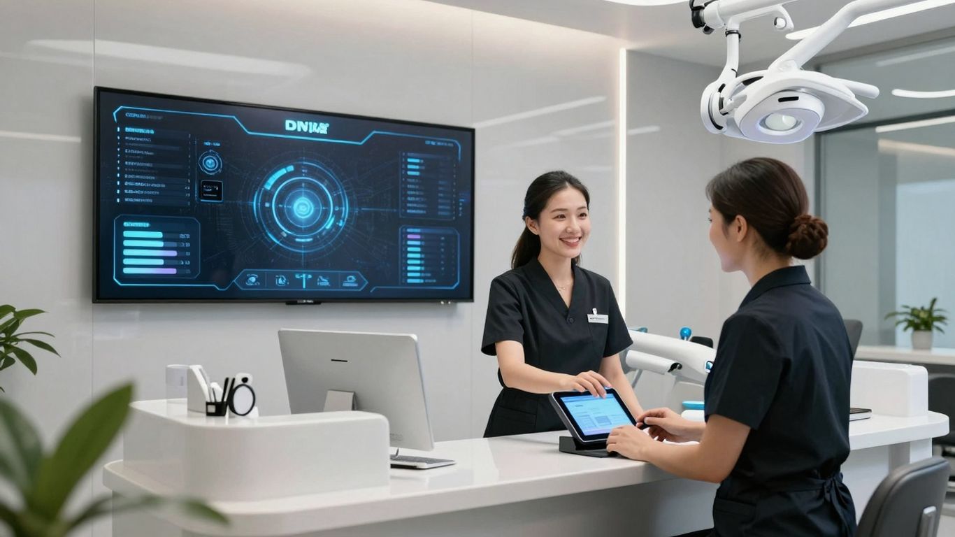 AI receptionist assisting a dental office receptionist.
