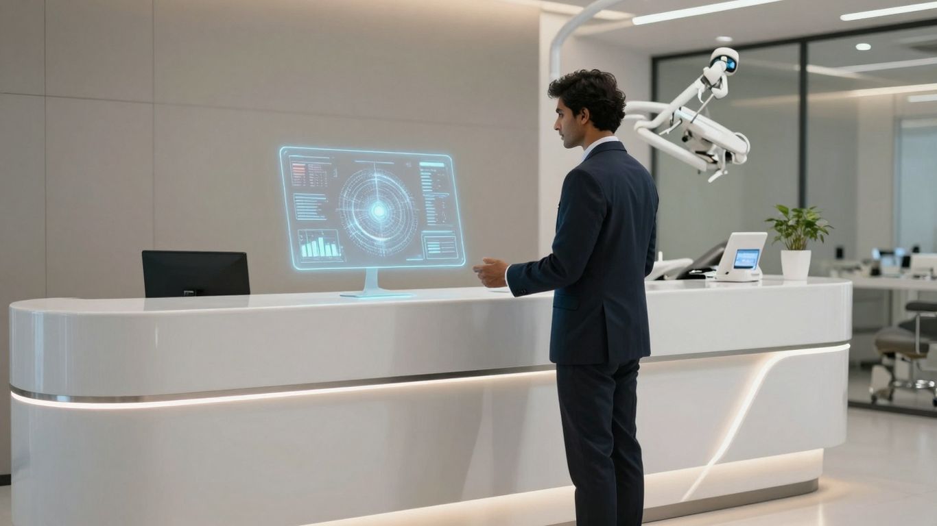 Dental AI receptionist demo with holographic interface.