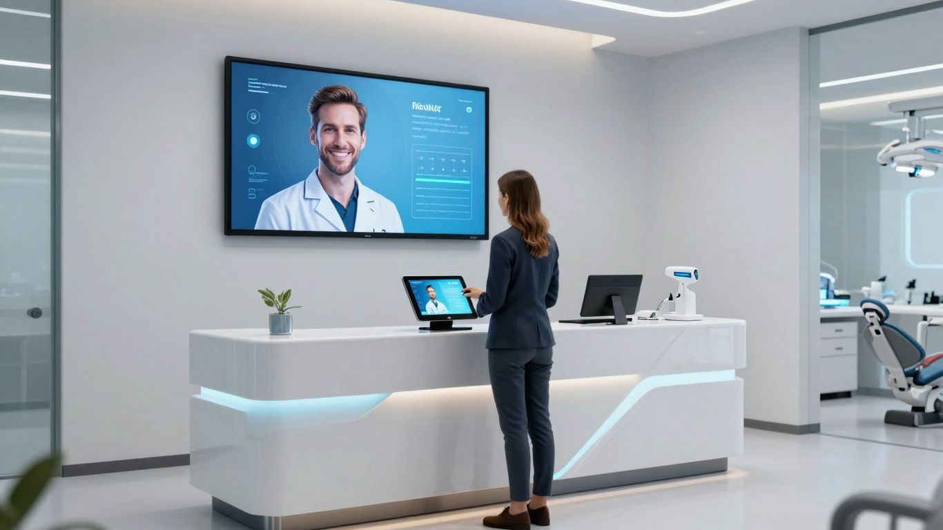 Dental AI receptionist interface in a modern office.