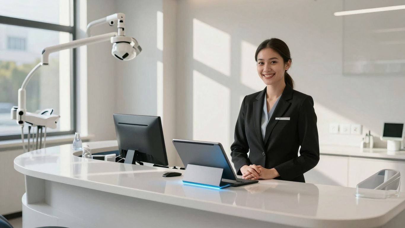 Dental receptionist using AI technology in office.