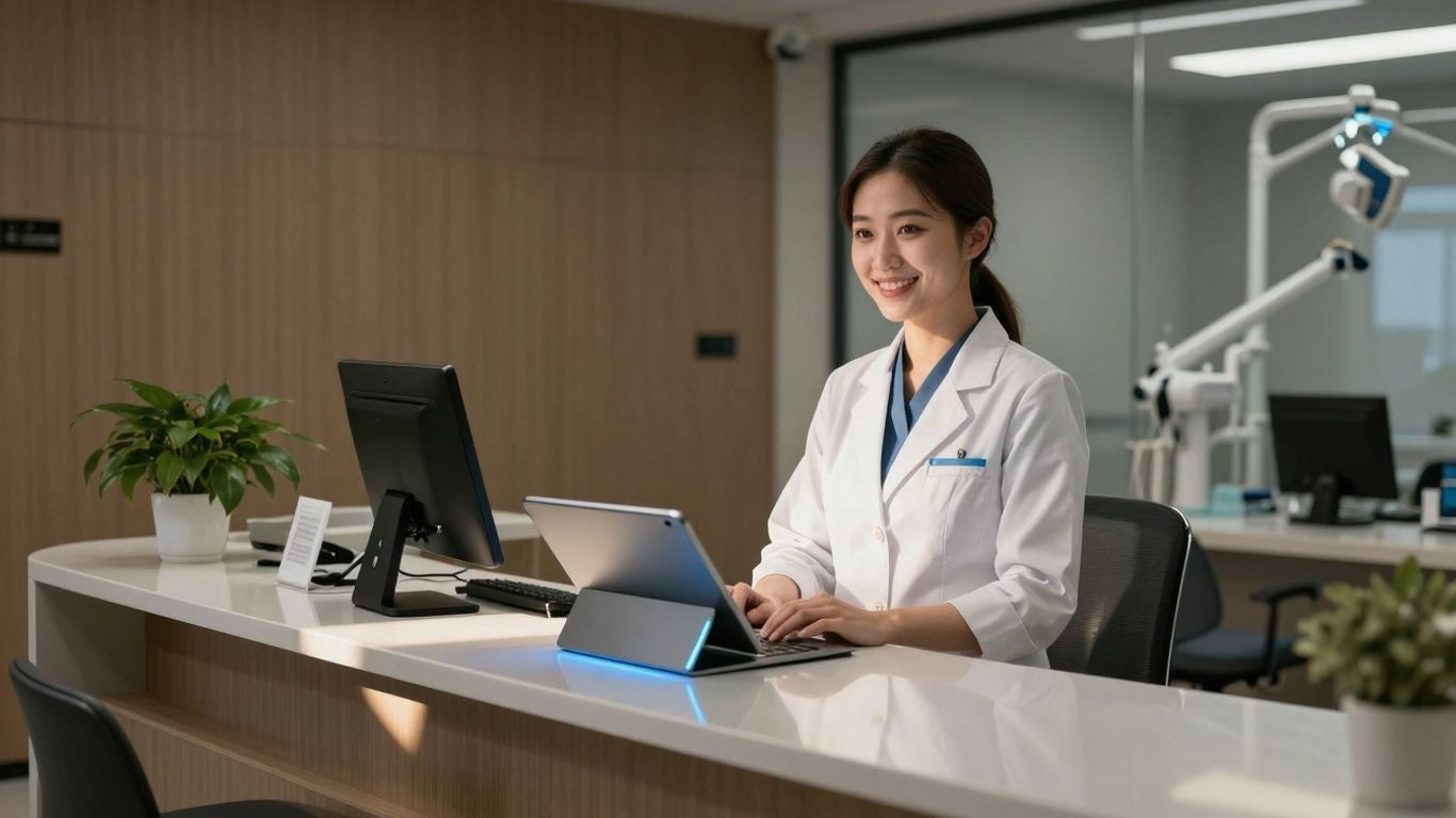 Dental receptionist using advanced AI technology.