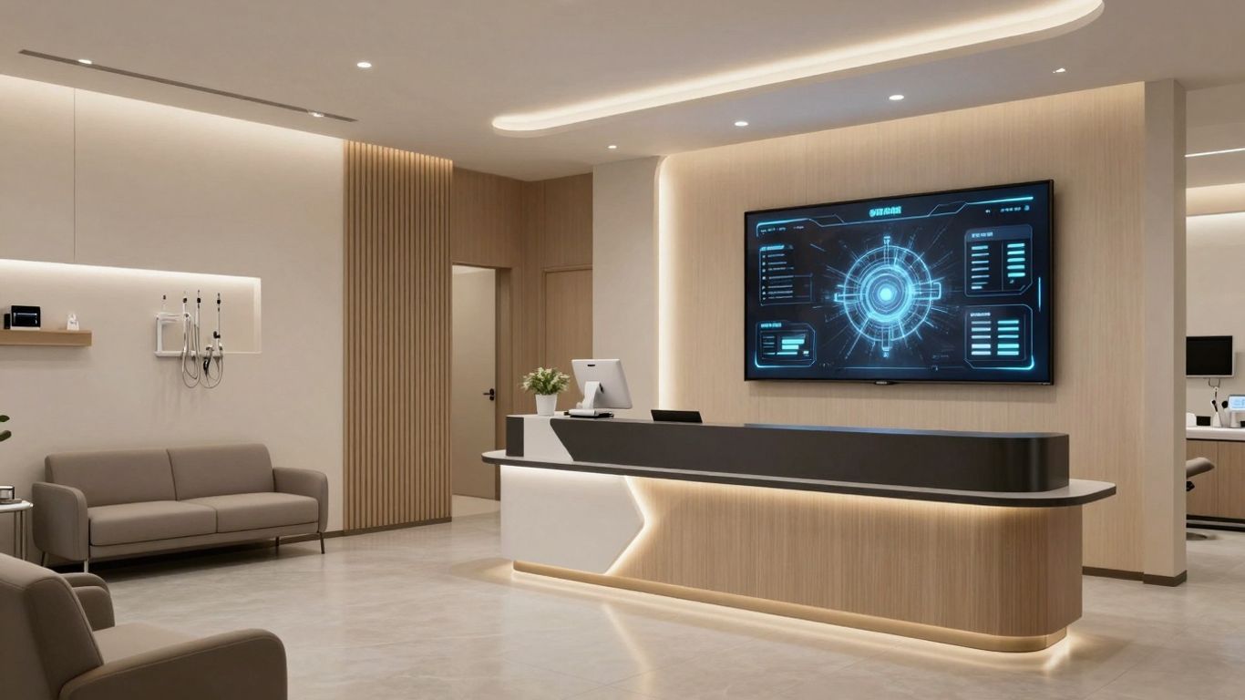 AI receptionist interface in a modern dental office.