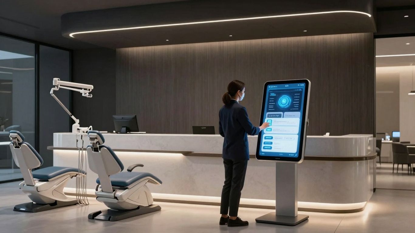 AI receptionist interface in a modern dental office.