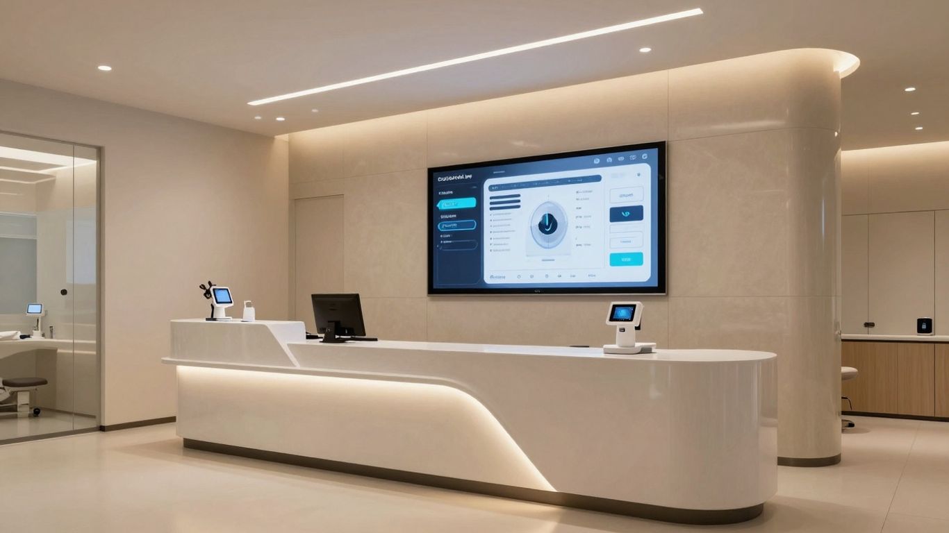 AI receptionist interface in a modern dental office.