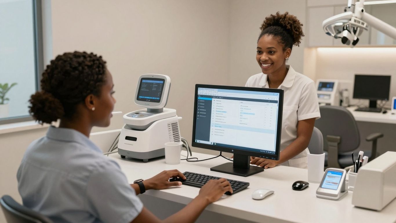 Dentina.Ai dental receptionist software interface on a computer.