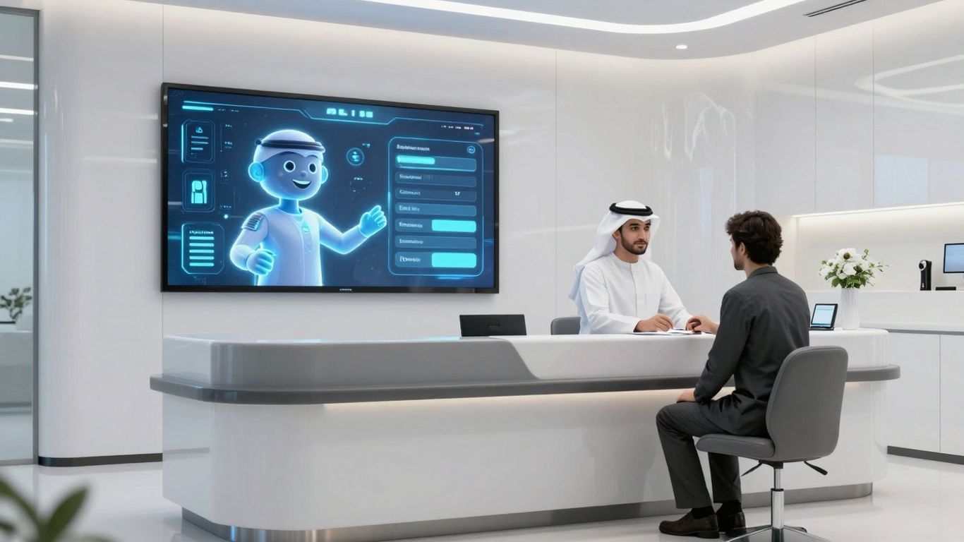 AI receptionist interface in a modern dental office.
