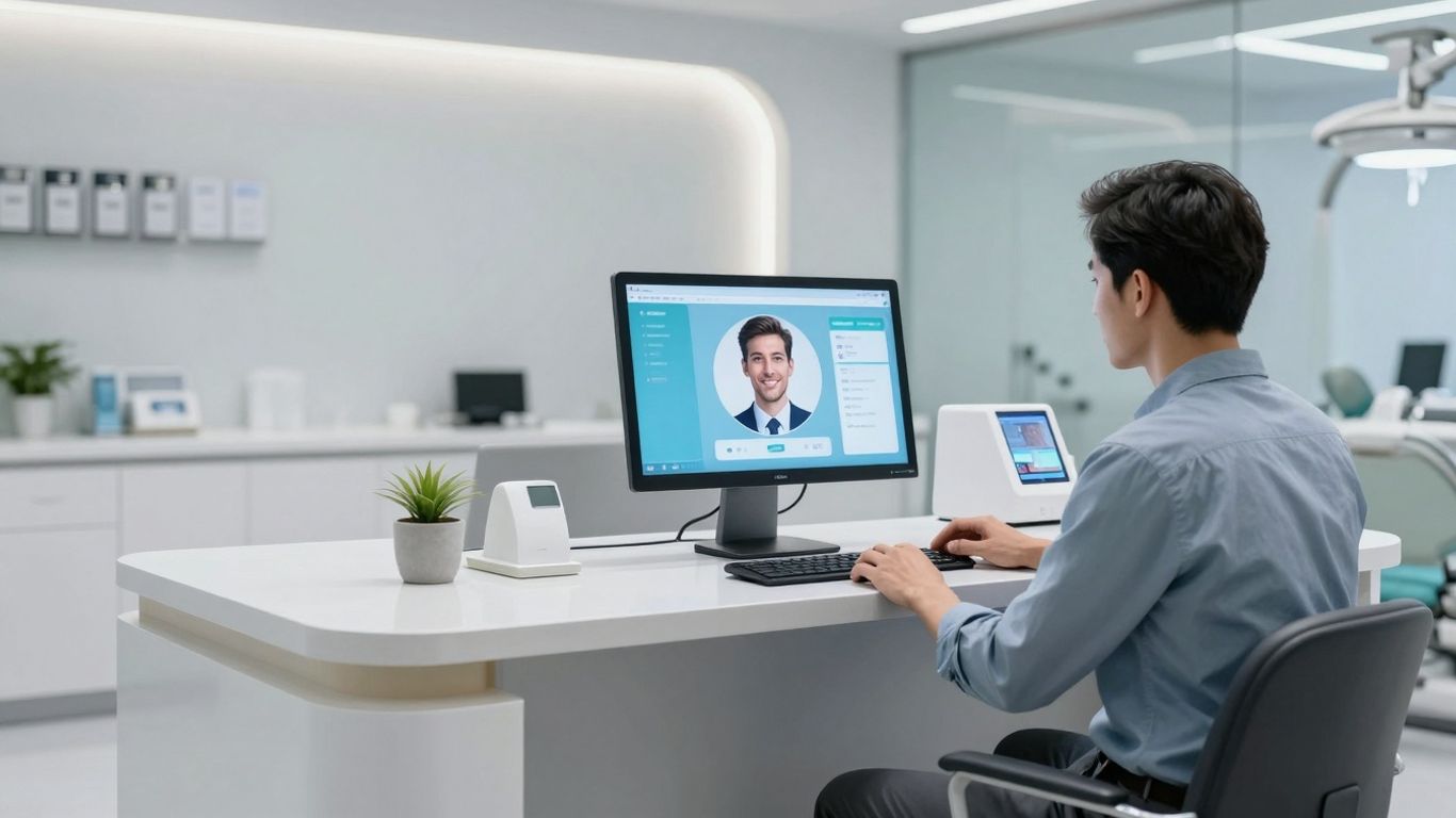 AI receptionist system in a modern dental office.