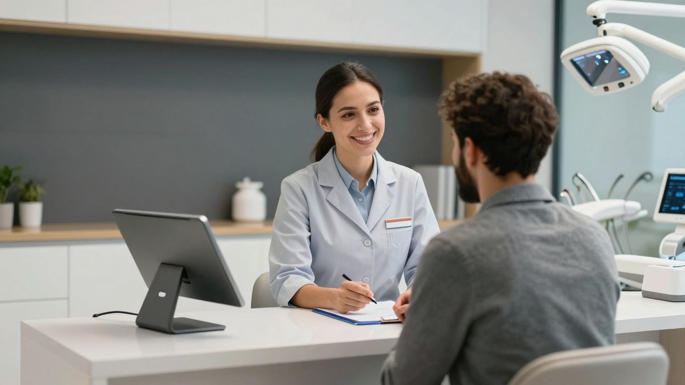 AI dental receptionist assisting a patient in a modern office.