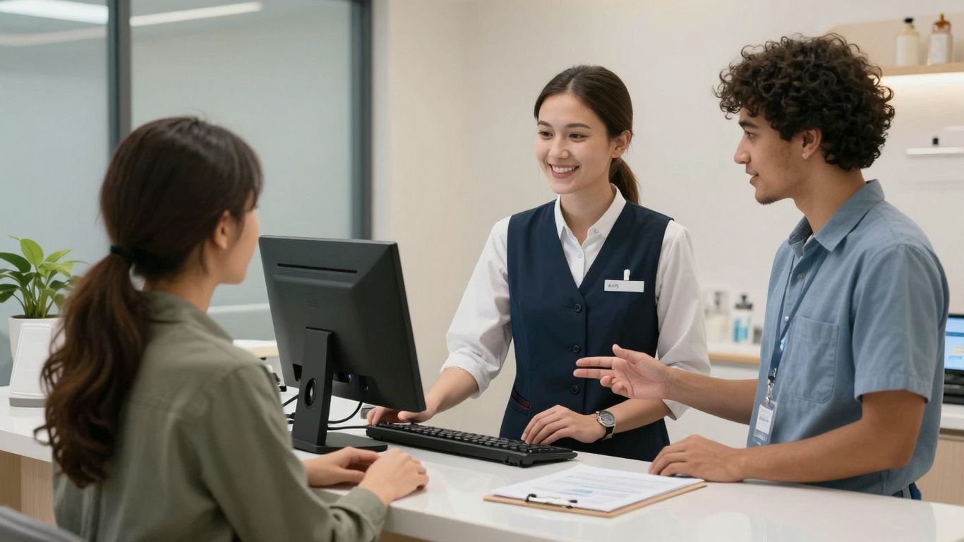 Dental receptionist assisting patient with technology.