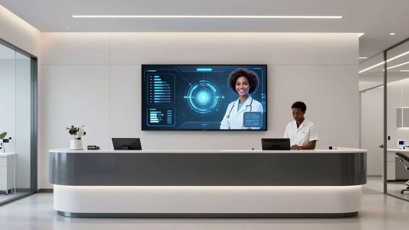 AI dental receptionist interface in a modern office.