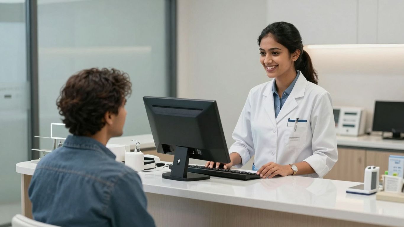 Dental office receptionist assisting a patient with a smile.