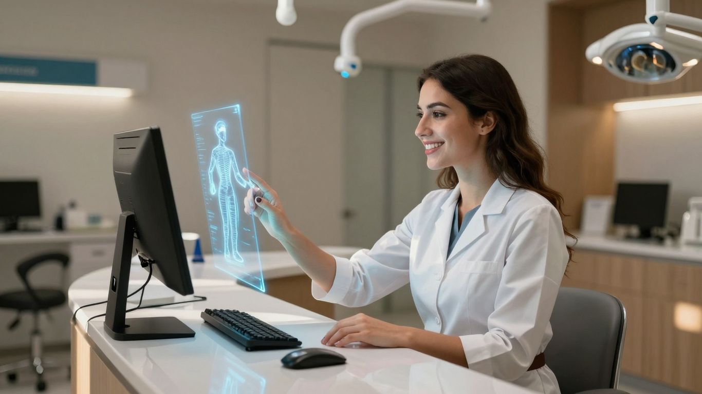 Dental receptionist using AI technology, reducing staff burnout.