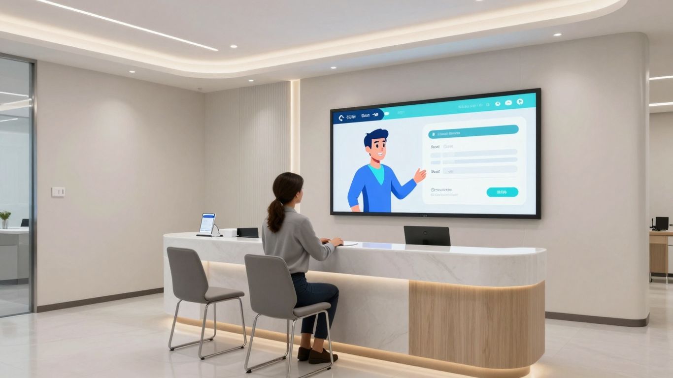 Dental AI receptionist interface on a screen.