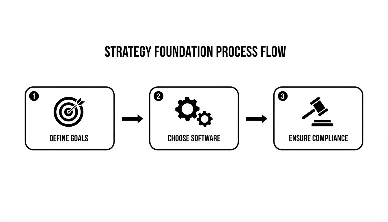 A process flow diagram illustrating three key steps: Define Goals, Choose Software, and Ensure Compliance.