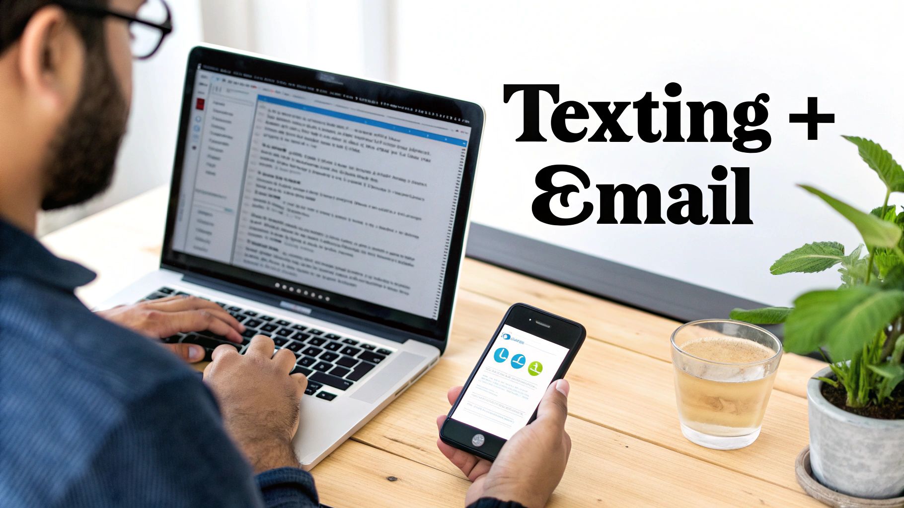 A person works on a laptop while holding a smartphone, illustrating texting and email.