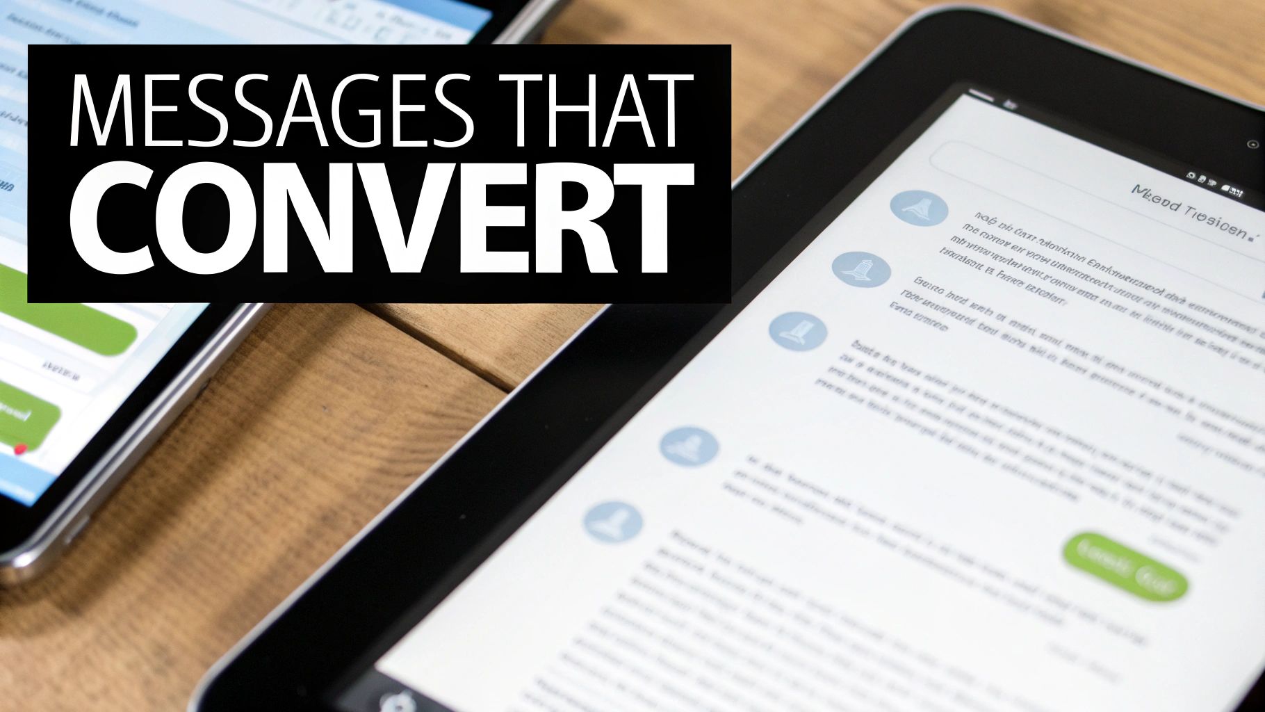 A close-up of a smartphone and tablet displaying messages, with a black banner reading 'MESSAGES THAT CONVERT'.