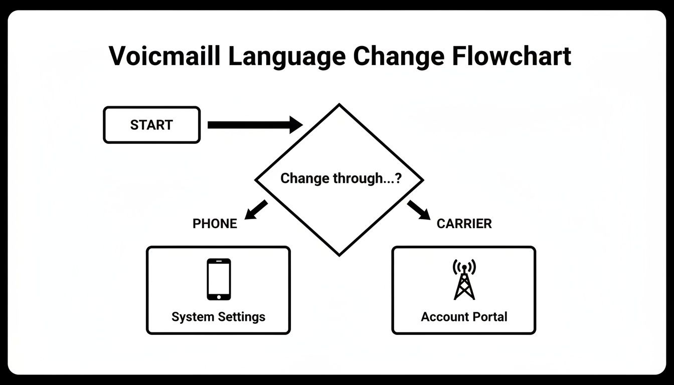 Flowchart illustrating how to change voicemail language through phone system settings or carrier account portal.