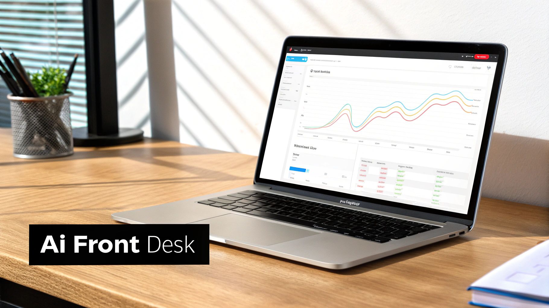 A silver laptop displaying an analytics dashboard with colorful charts on a wooden desk.
