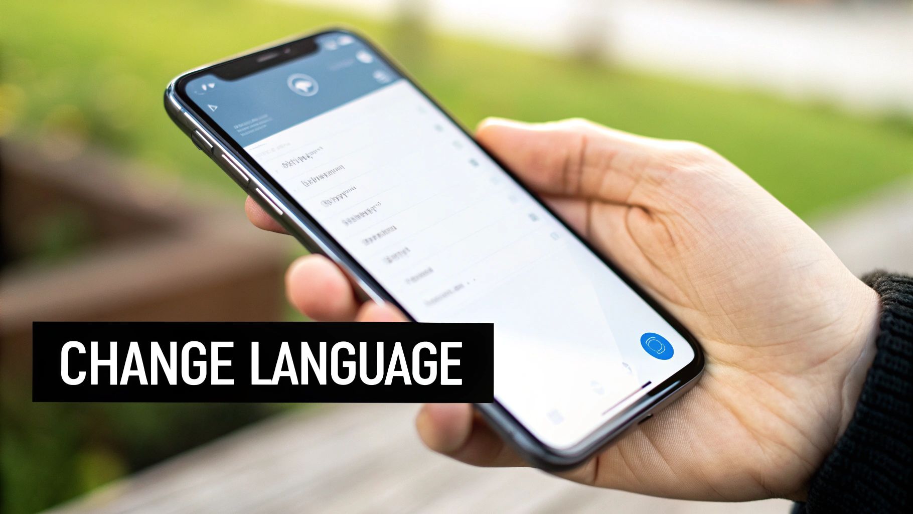 A person's hand holds a smartphone displaying a menu with various language options.