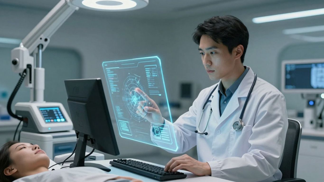 Doctor using voice AI in a modern healthcare setting.
