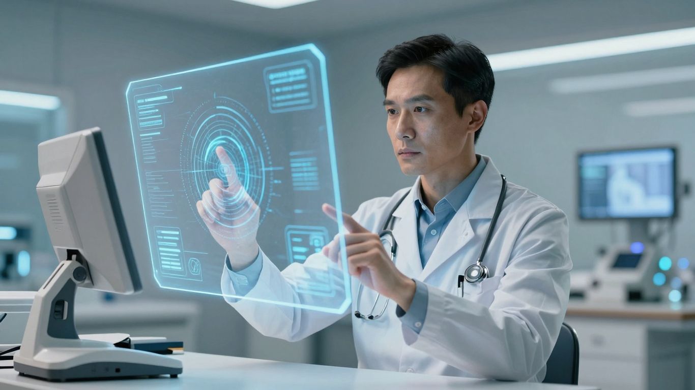 Doctor using voice AI in a futuristic healthcare setting.
