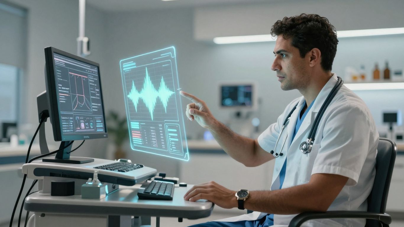 Doctor using voice AI in a futuristic healthcare setting.