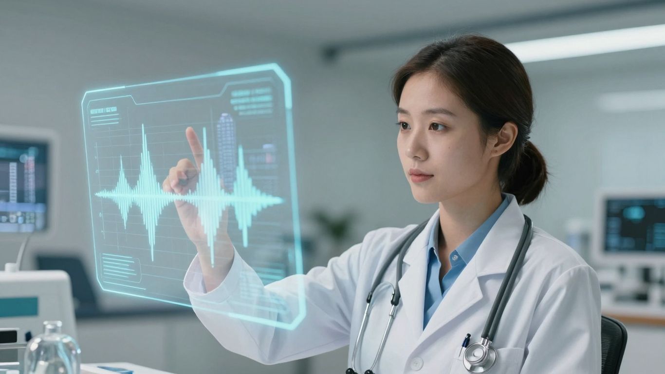 Doctor using voice AI in a futuristic healthcare setting.