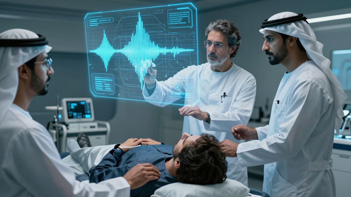 Futuristic healthcare technology with soundwaves and medical professionals.
