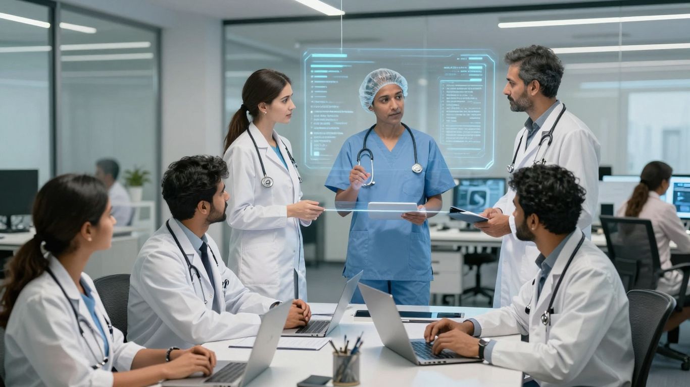 Healthcare professionals using advanced AI for patient support.