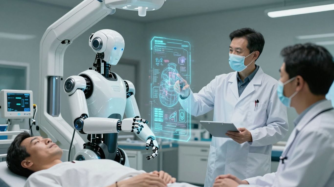AI robot and doctors in a futuristic healthcare setting.