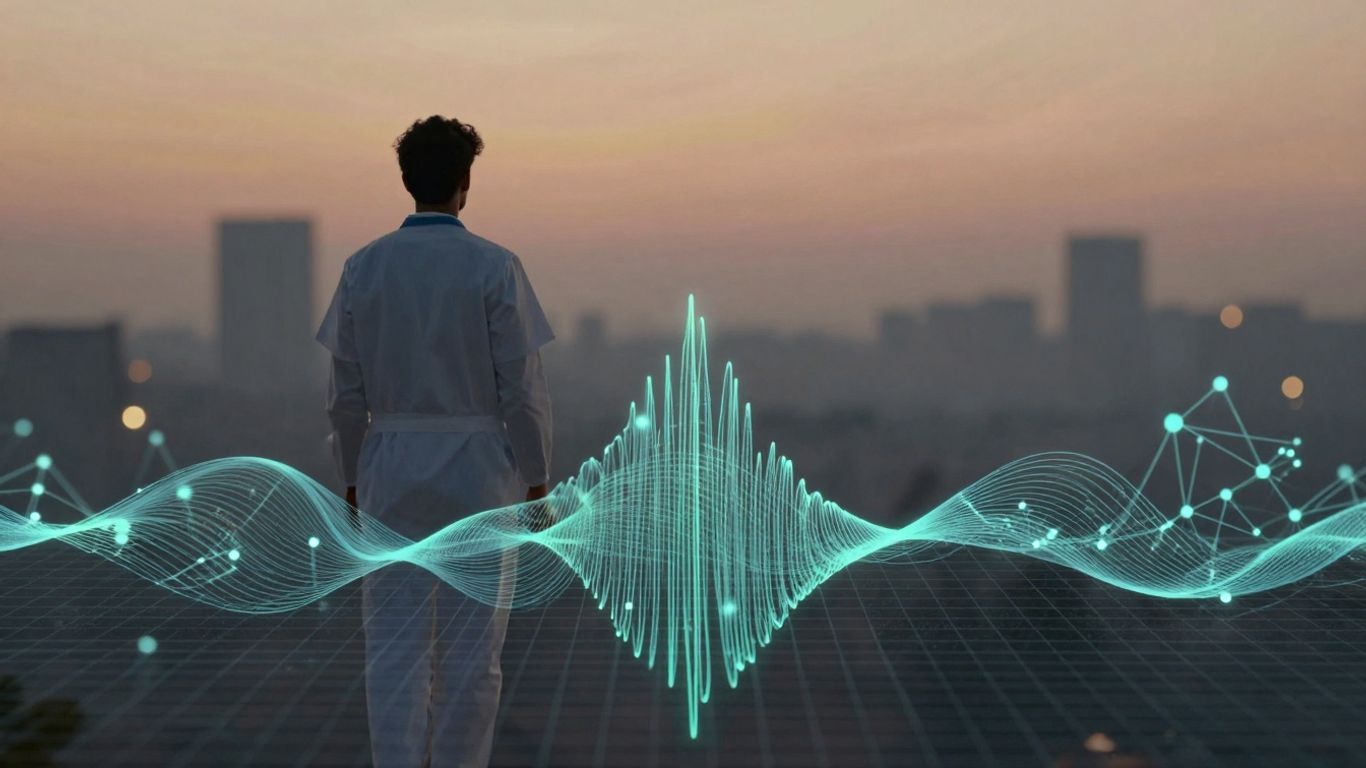 AI healthcare automation interface with digital waveforms and neural networks.