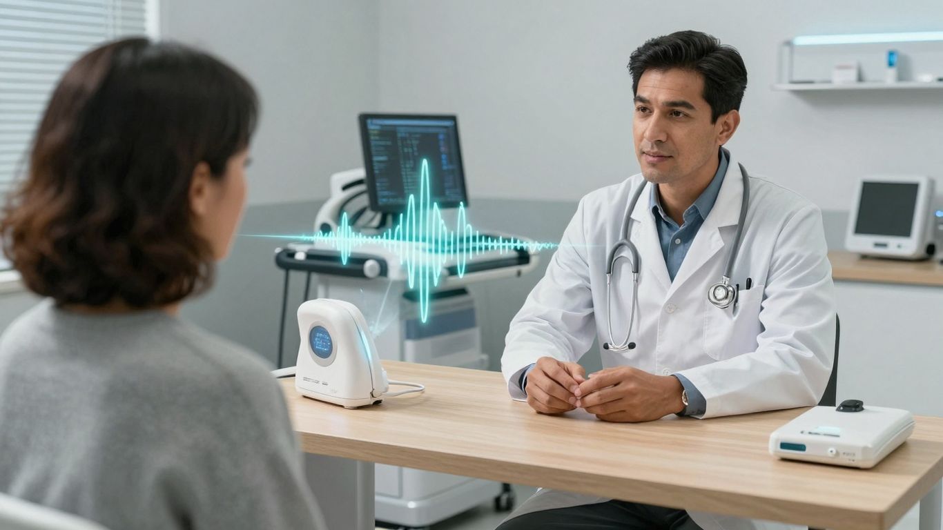 Doctor and patient using voice AI for healthcare.